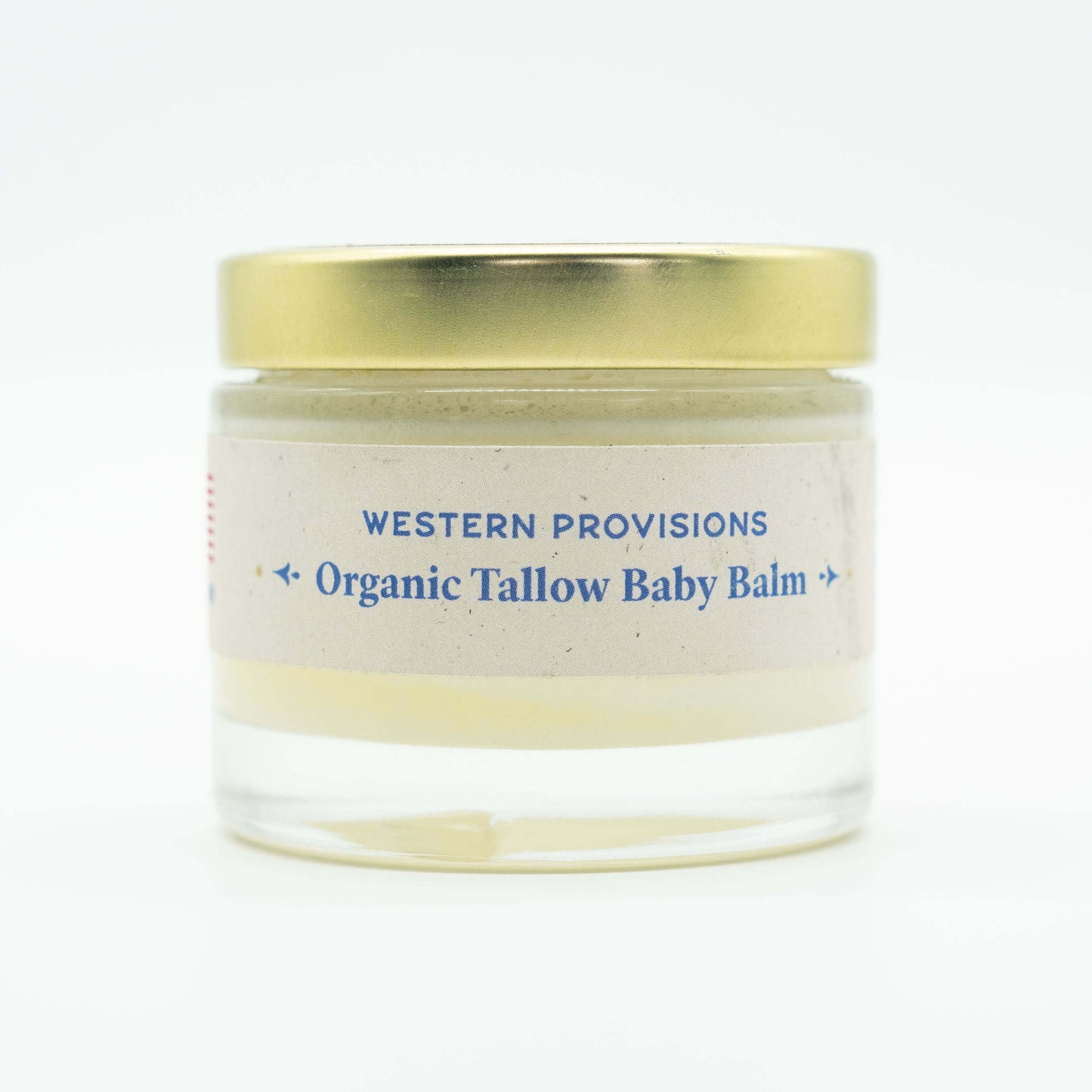 Side view of a jar of Western Provisions organic tallow baby balm
