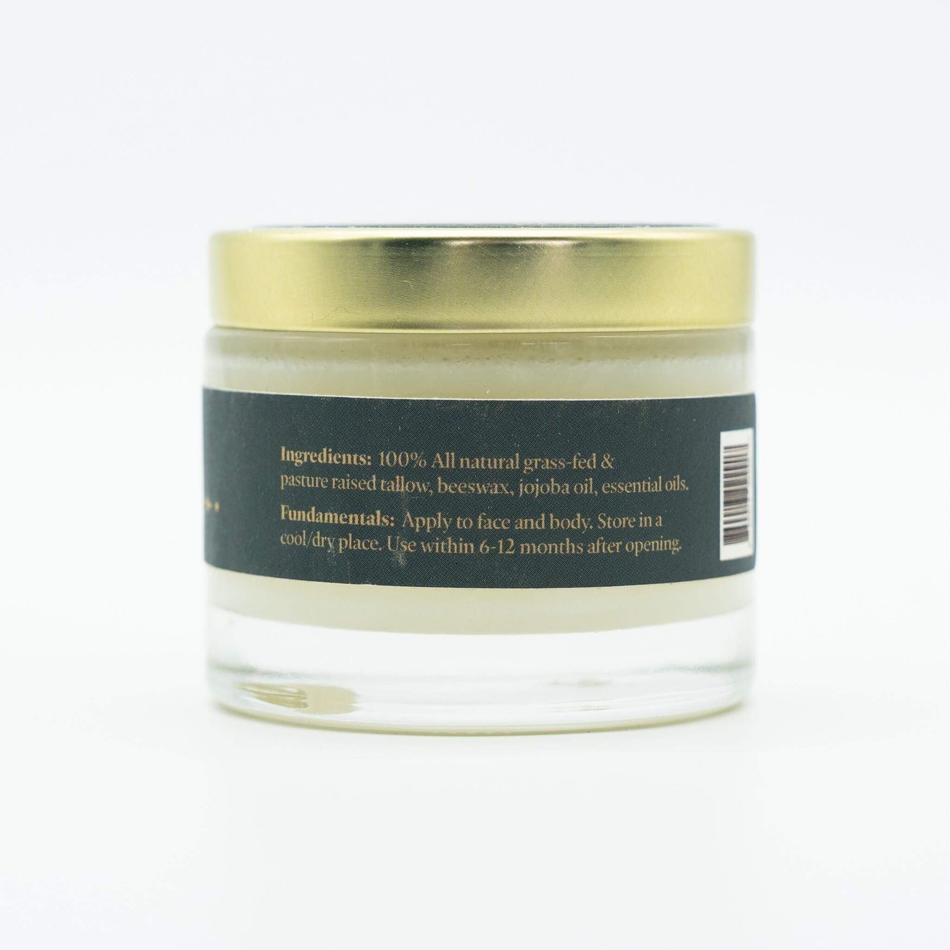 Side view of a jar of Western Provisions organic tallow balm showing ingredients