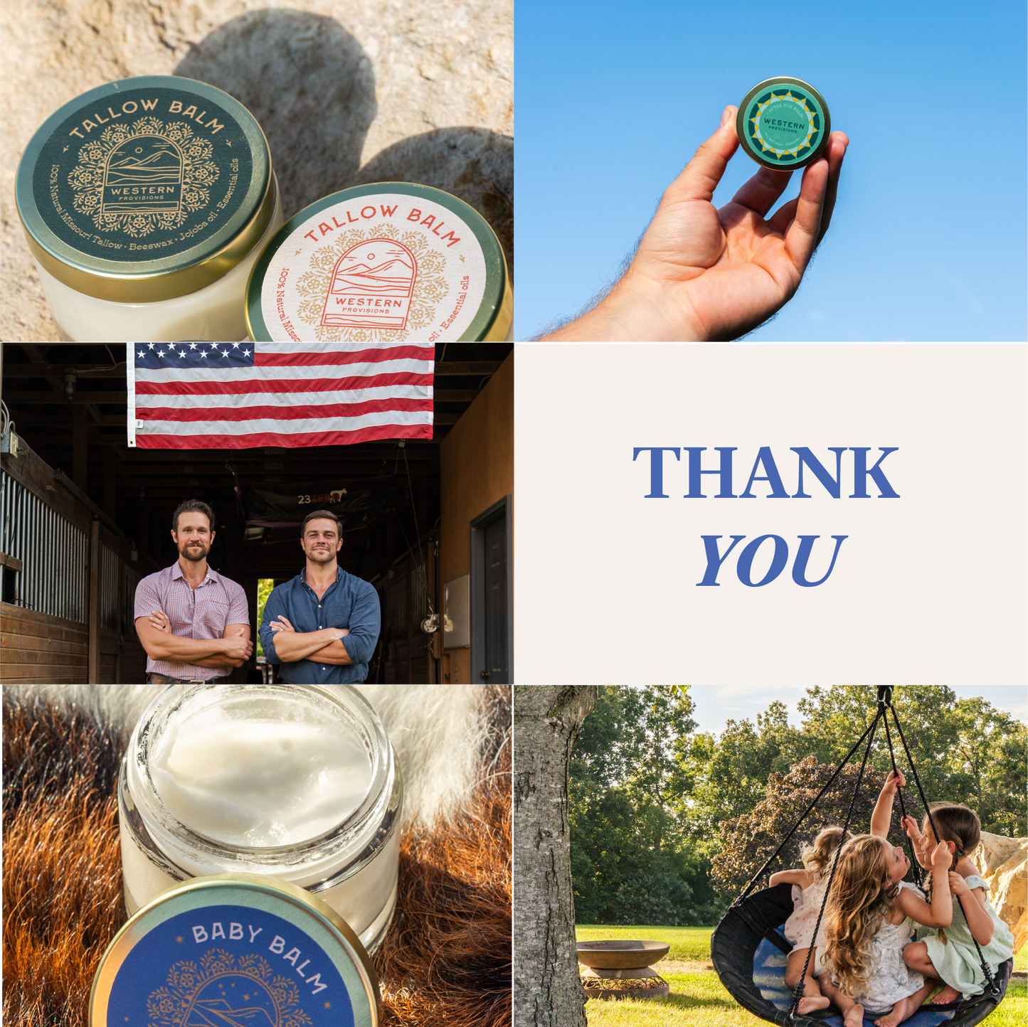 Infographic thanking Western Provisions customers showing various tallow balms, the founders, and children playing